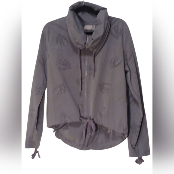 Nanette Lepore -Gray Zip-Up Jacket,Ruched Sleeves, Sparrow Design, Front Pockets - Picture 14 of 15